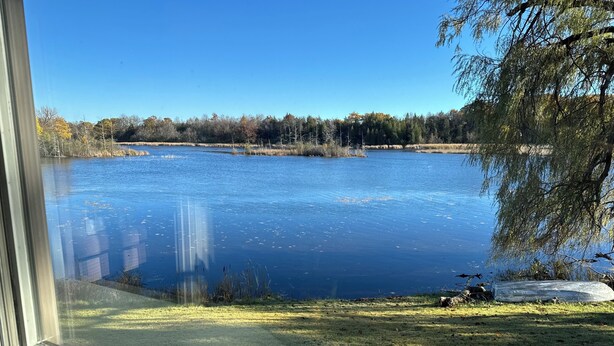 A view of a lake with a grassy shoreline and trees in the background. - Long Lake Retreat - Cottage in Burlington, WI (Burlington)