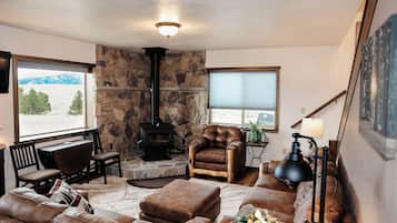 Smart TV, fireplace, DVD player, books