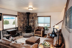 Smart TV, fireplace, DVD player, books