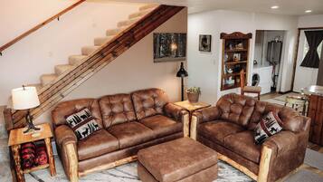 Smart TV, fireplace, DVD player, books