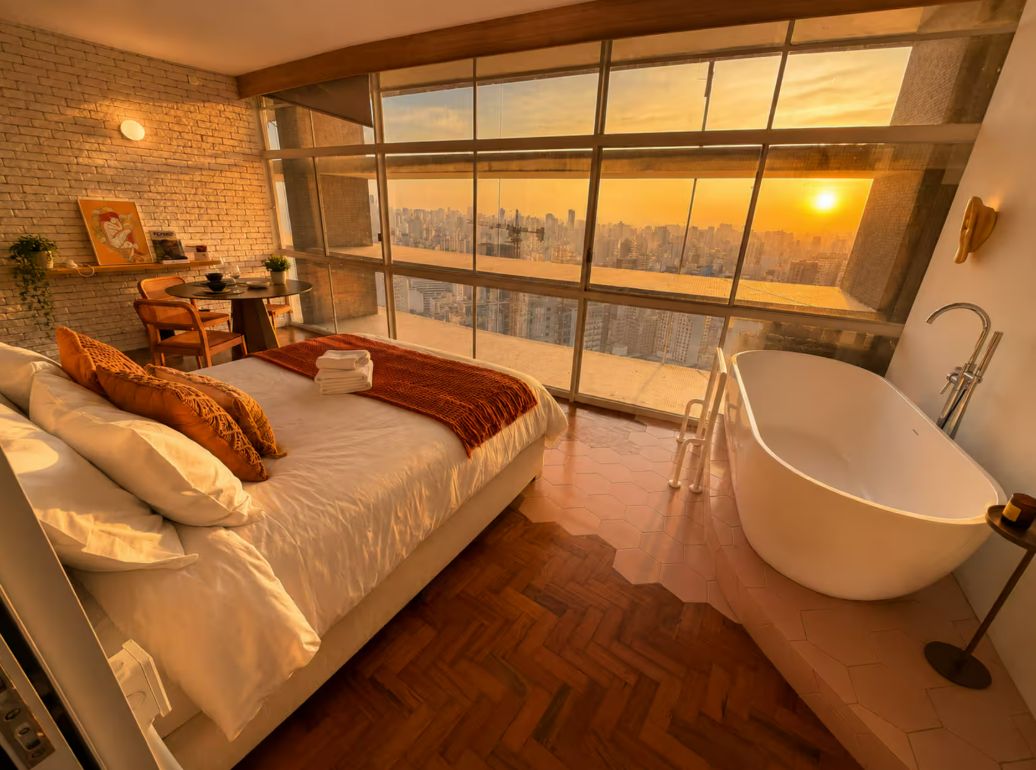 Ein Schlafzimmer mit einem großen Bett, einer weißen Badewanne und Blick auf die Stadt durch raumhohe Fenster.