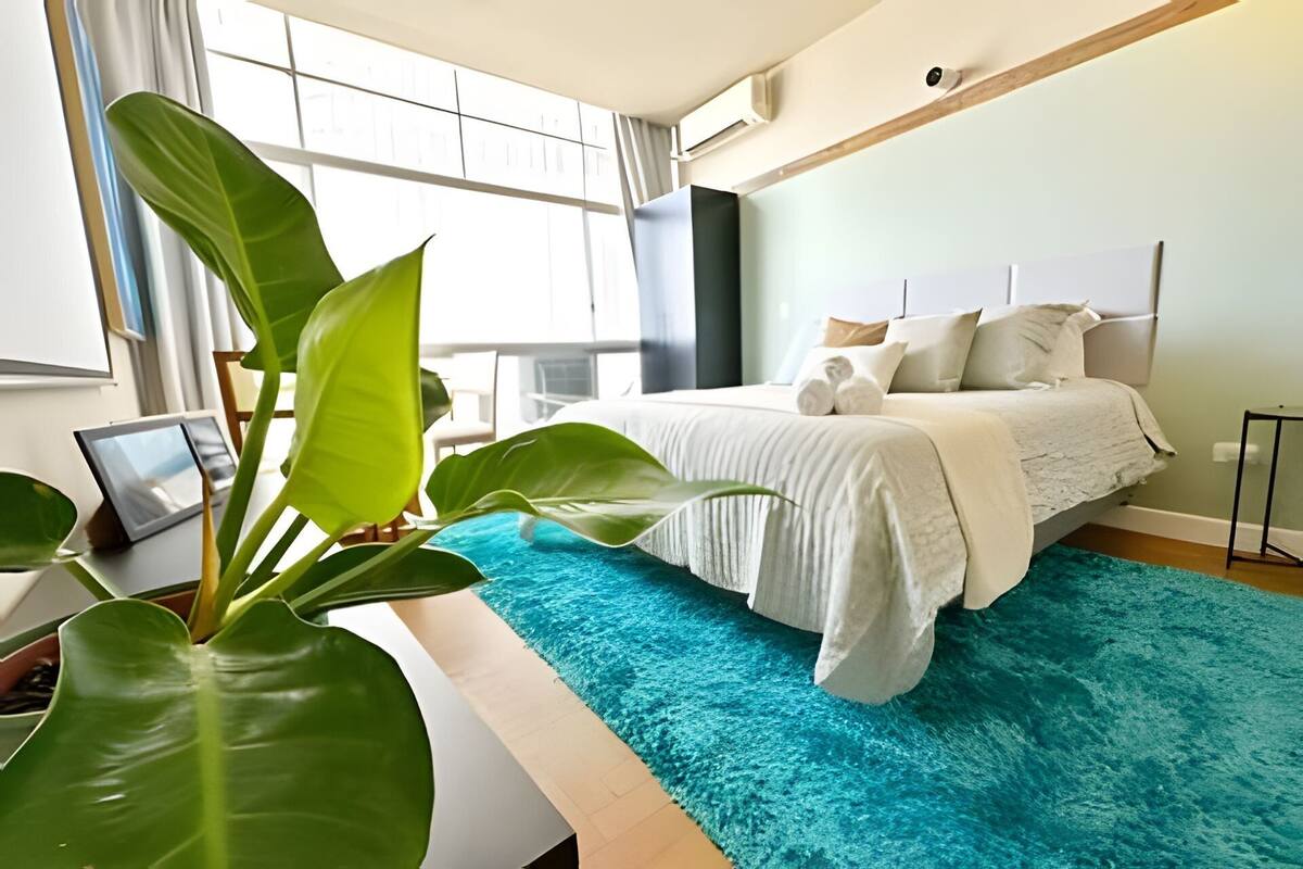 Une chambre d’hôtel moderne avec un grand lit, une vue sur la ville et une plante près de la fenêtre.