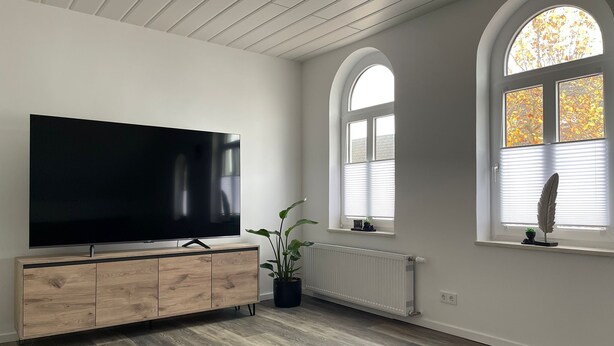 A modern living room with a large flat-screen TV on a wooden cabinet, a potted plant, and a radiator. There are two windows with arched tops and blinds, and a ceiling with wooden beams. - Modern vacation apartment with style & comfort (Ovelgönne)