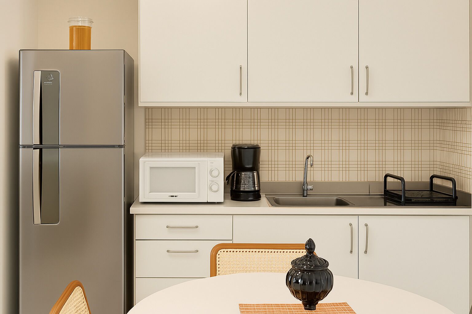 Køleskab, mikrobølgeovn, kogeplade, kaffe-/temaskine