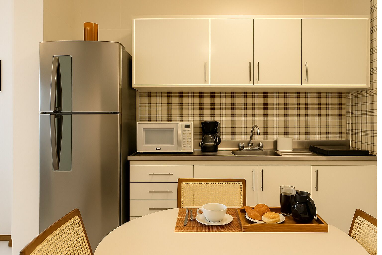 Kühlschrank, Mikrowelle, Herdplatte, Wasserkocher mit Kaffee-/Teezubehör