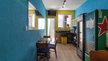 Fridge, microwave, cookware/dishes/utensils