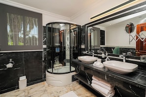 Shower, hair dryer, bidet, towels