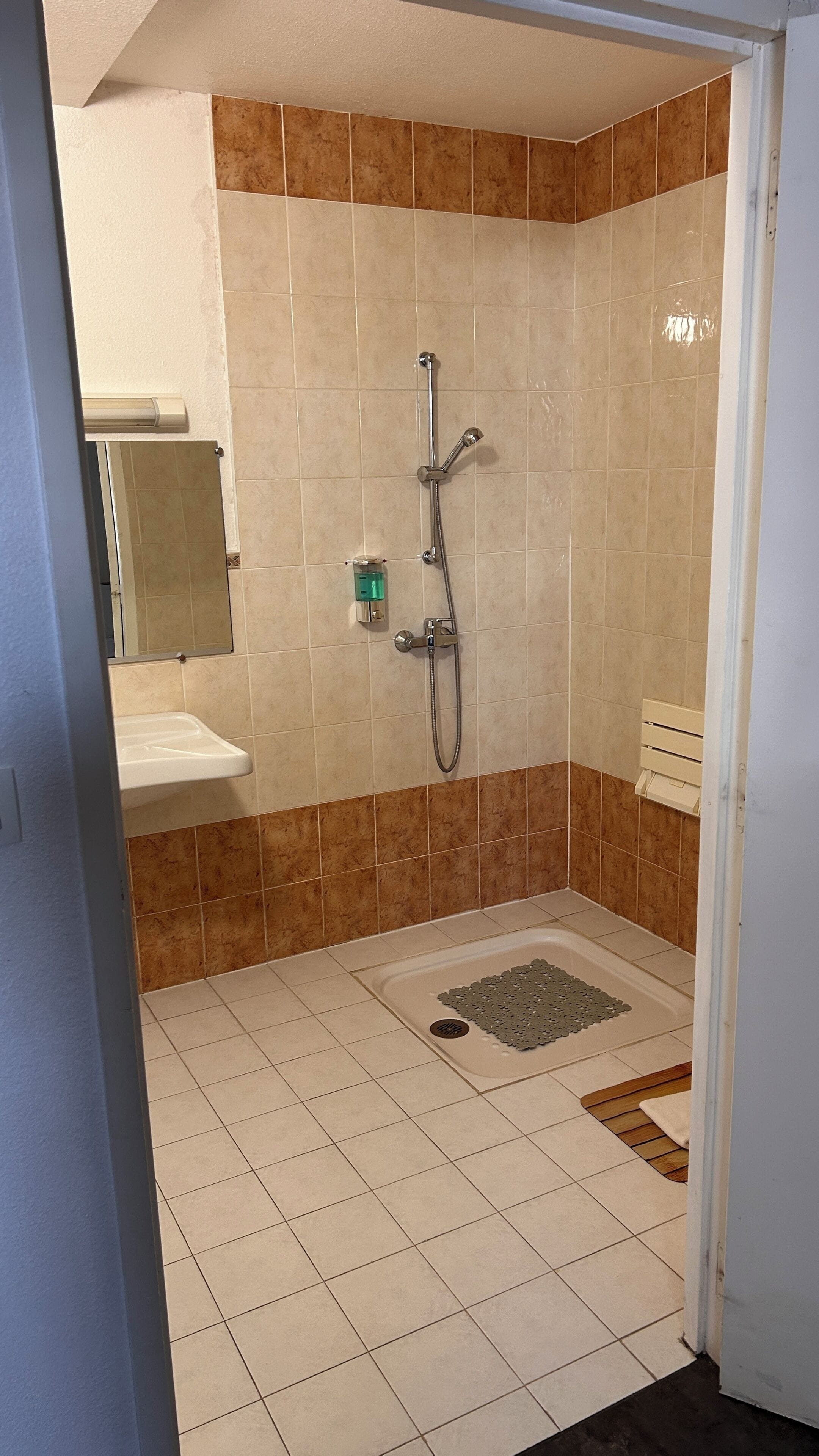 A bathroom with a shower, a sink, and a toilet.