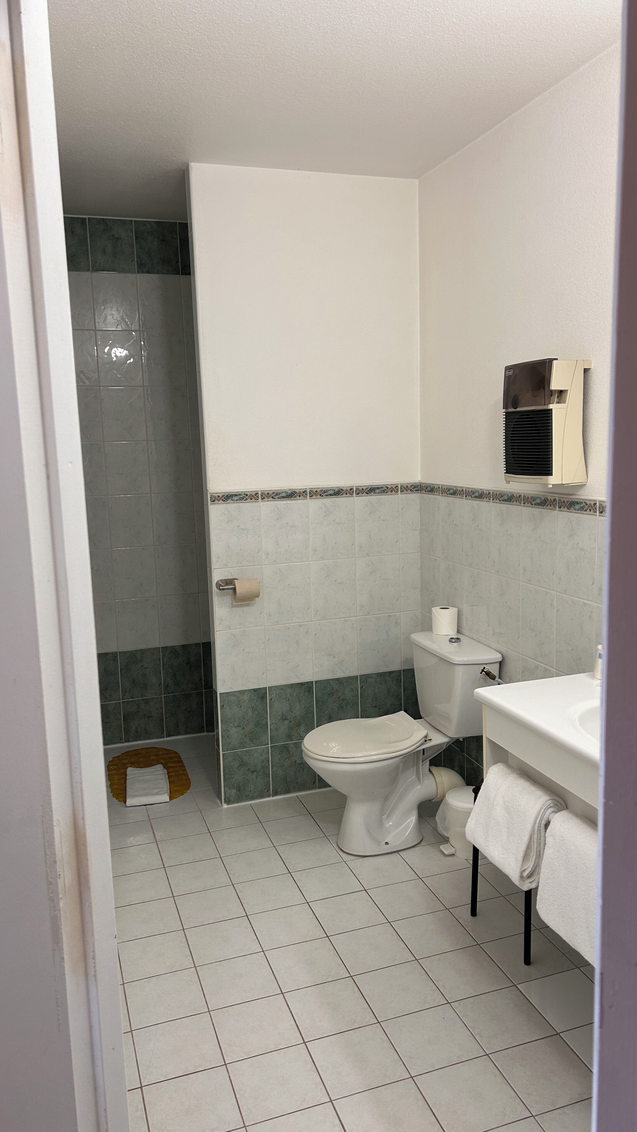 Un baño con inodoro, lavamanos y zona de ducha.