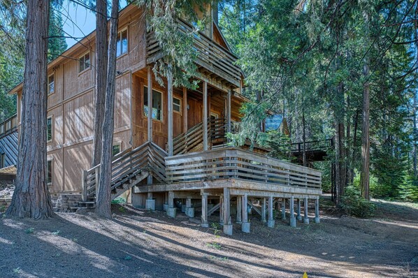A wooden cabin with a porch, built on stilts, surrounded by trees.