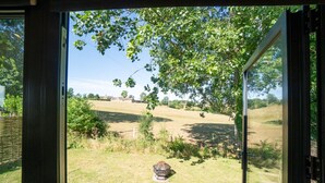 A view through a glass door of a grassy area with a tree and a small decorative item in the foreground.