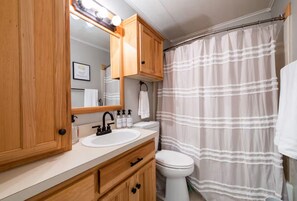 Een haardroger, handdoeken, zeep, toiletpapier