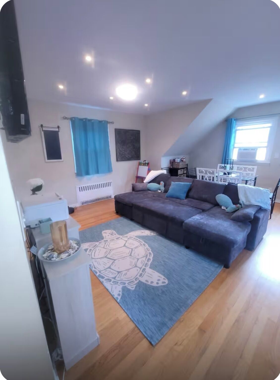 Smart TV, fireplace, books, music library