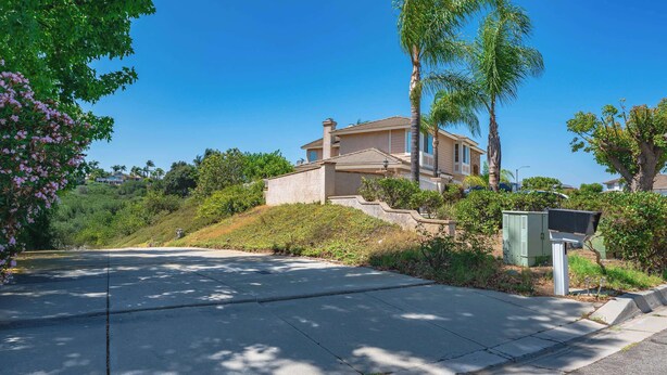 A residential house with a driveway, palm trees, and a mailbox.
