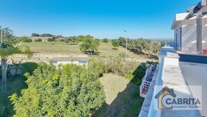 Propiedad residencial con vista al mar, jardín y cielo despejado.