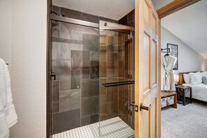Hair dryer, towels, soap, shampoo