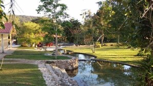 A serene garden with a pond, stone pathway, and a small building with a red roof. - Rancho Pica Pau (Ubatuba)