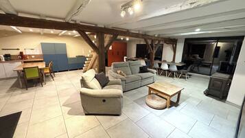 TV, fireplace, DVD player, table football