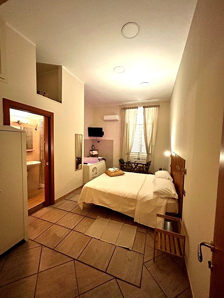 Une chambre d’hôtel équipée d’un lit, d’un bureau, d’une chaise, d’une télévision et d’une fenêtre avec des rideaux.