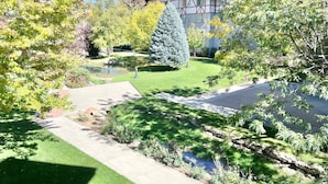 A well-maintained garden with a pond, a variety of trees, and a building in the background.