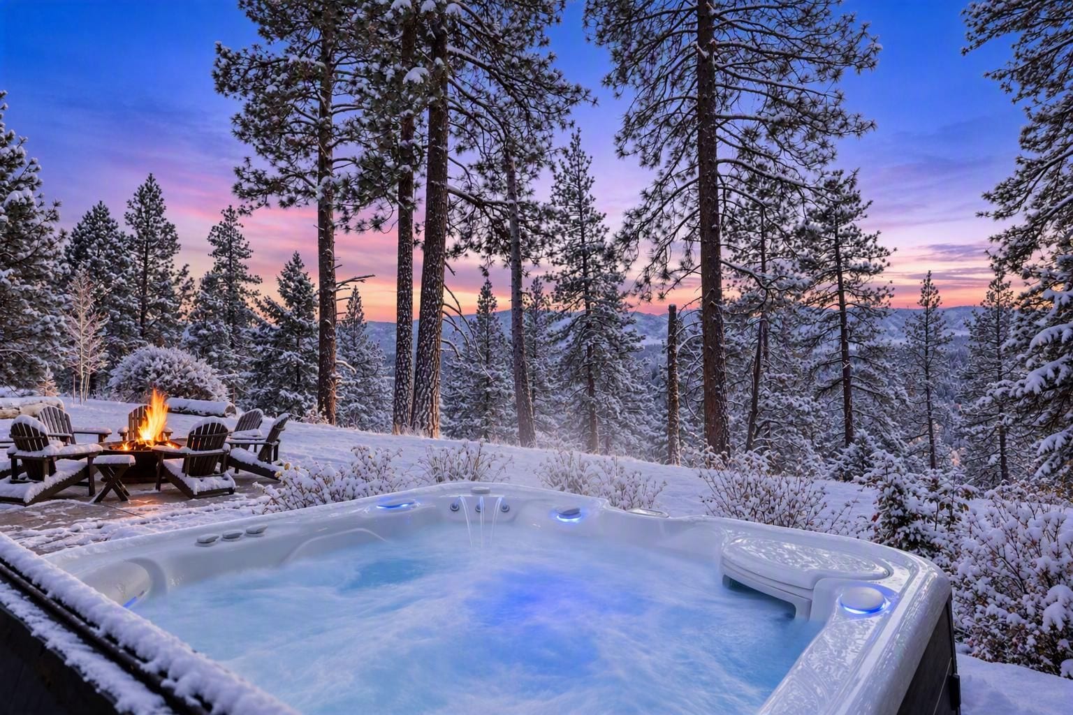 Ein Whirlpool, umgeben von schneebedeckten Bäumen und einer Feuerstelle mit Sitzgelegenheiten.
