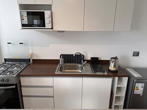 Una cucina moderna con piano cottura a gas, lavello in acciaio inox, forno a microonde e forno integrato.