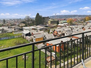 A residential area with houses, a grassy field, and a distant view of a town. - Oceana Suites Alto Panorámico (Villarrica)