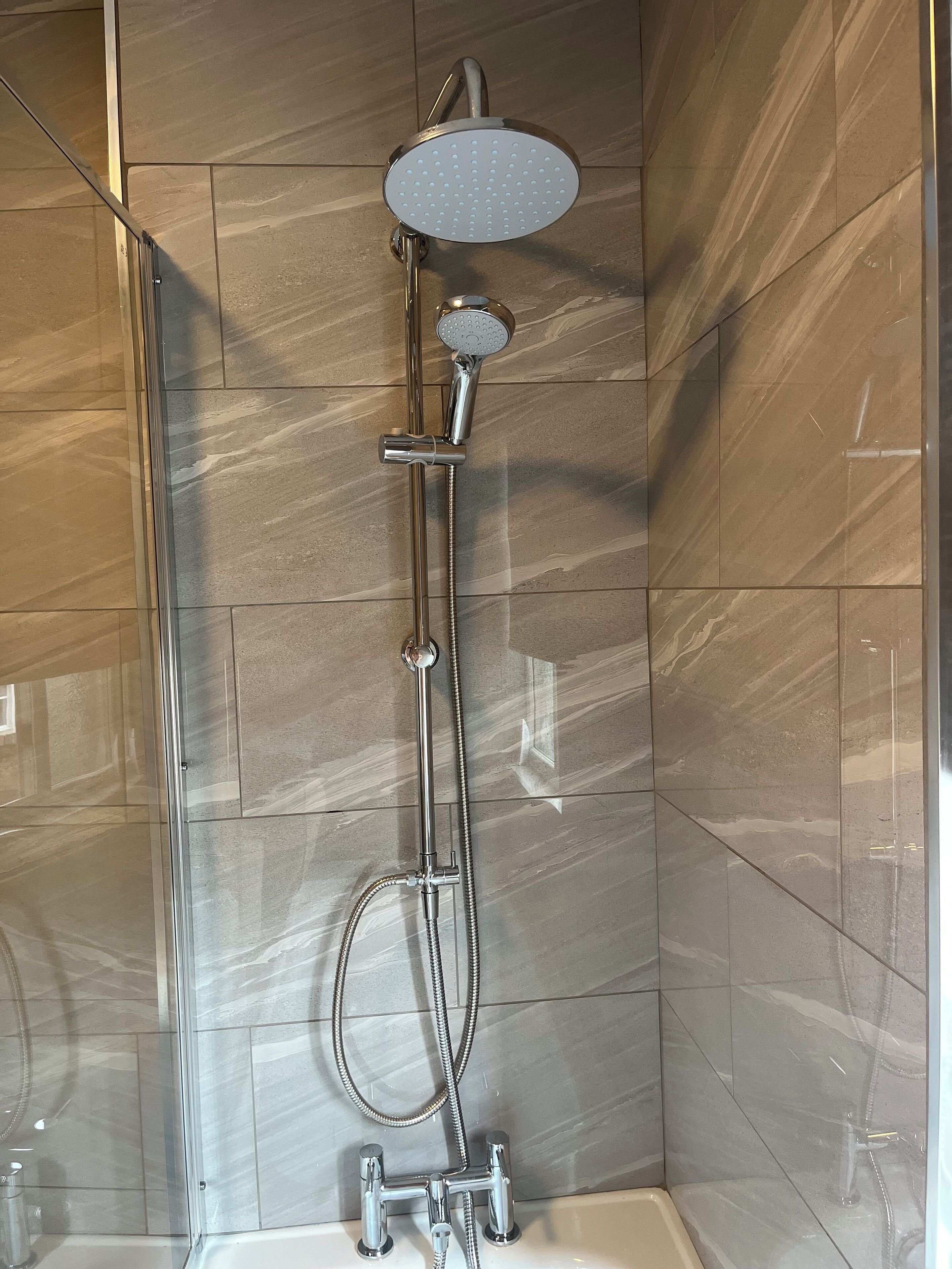 Hair dryer, towels, soap, shampoo
