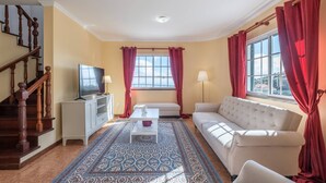 Un salon avec un canapé, un téléviseur et un tapis à motifs.