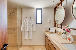 Hair dryer, towels, soap, toilet paper