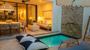 Outdoor pool, pool umbrellas, pool loungers