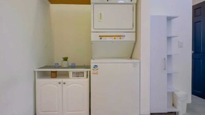A compact laundry area with a washing machine and dryer, a small cabinet, and a shelf with a plant. - Endless Ocean Views 4 bedroom suites, Private Pool, minutes from downtown Coco (Coco)