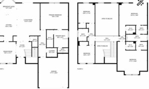 Plano de planta de una casa de dos pisos con comedor, cocina, sala de estar, habitación principal, baño principal, habitación secundaria y garaje.