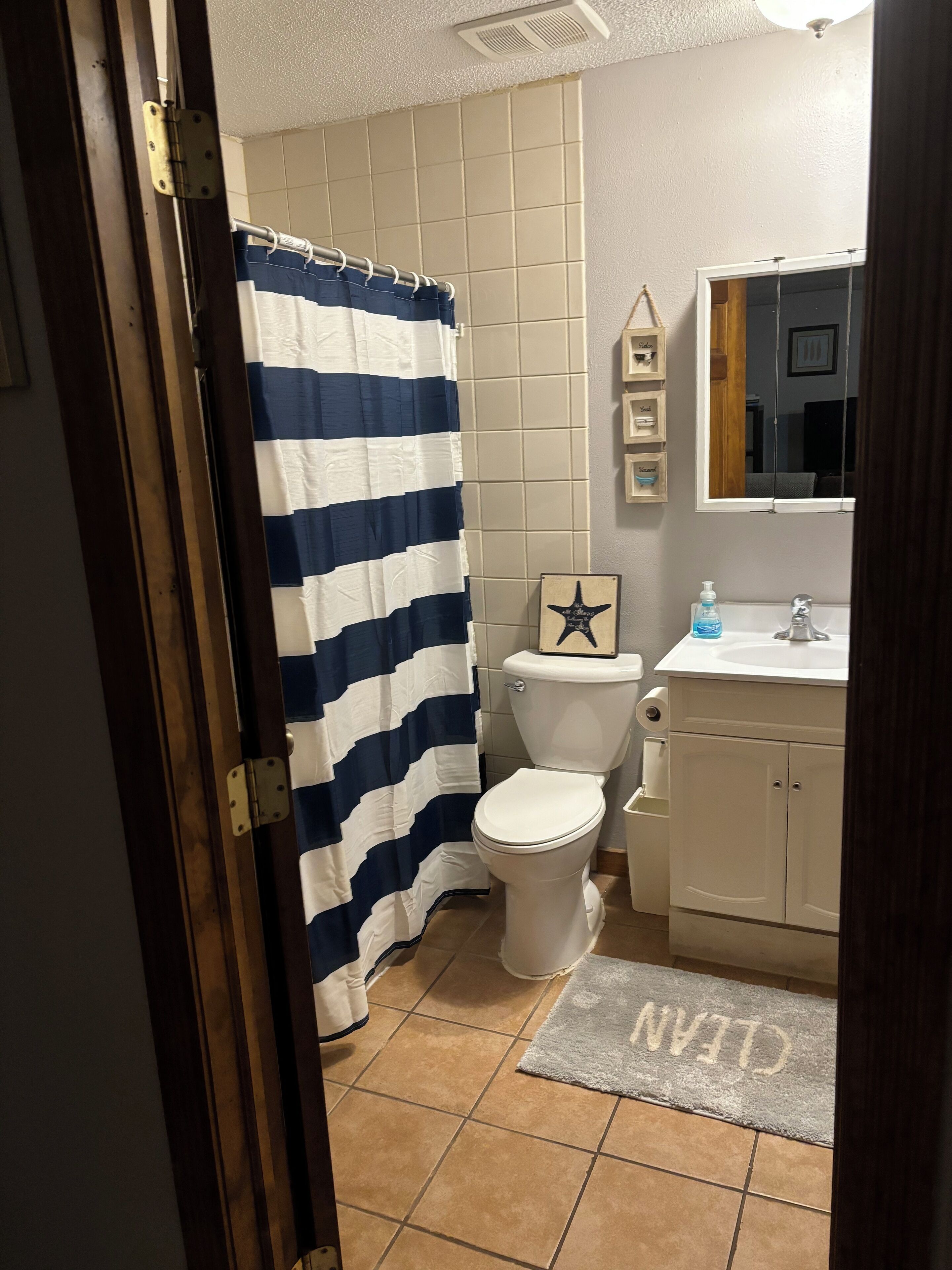 Hair dryer, towels, soap, toilet paper