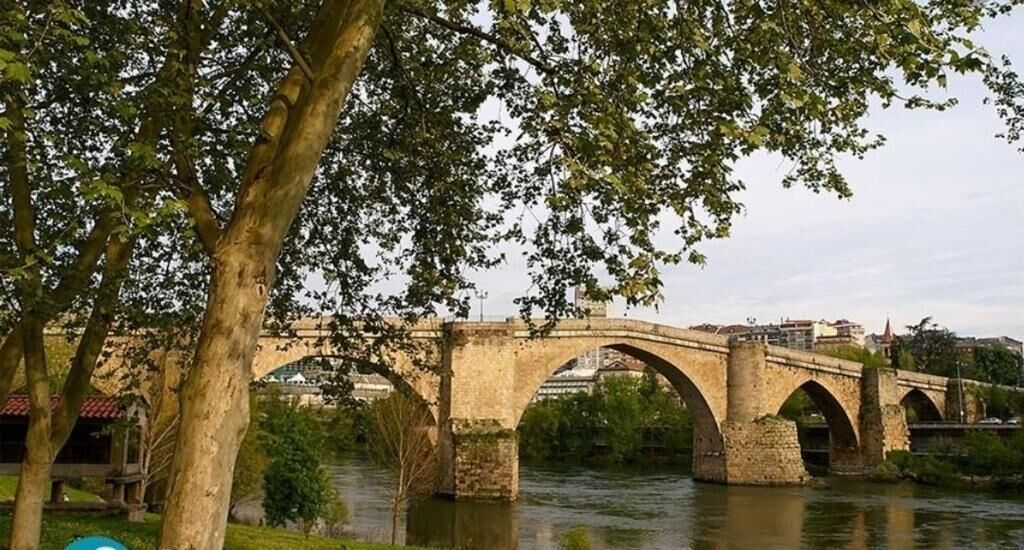 A stone bridge with multiple arches over a river, surrounded by trees and buildings in the background.