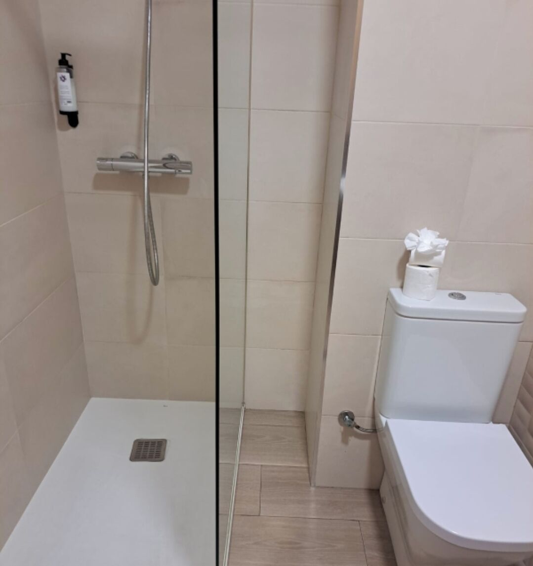 Un baño pequeño con ducha, inodoro y un estante con artículos de aseo.