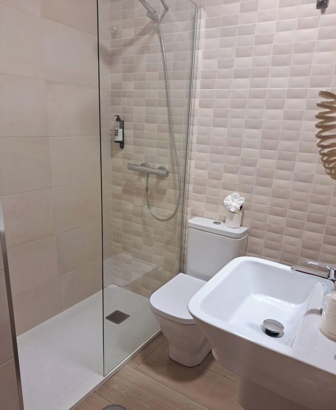 A modern bathroom with a glass-enclosed shower, a white toilet, and a sink with a mirror.