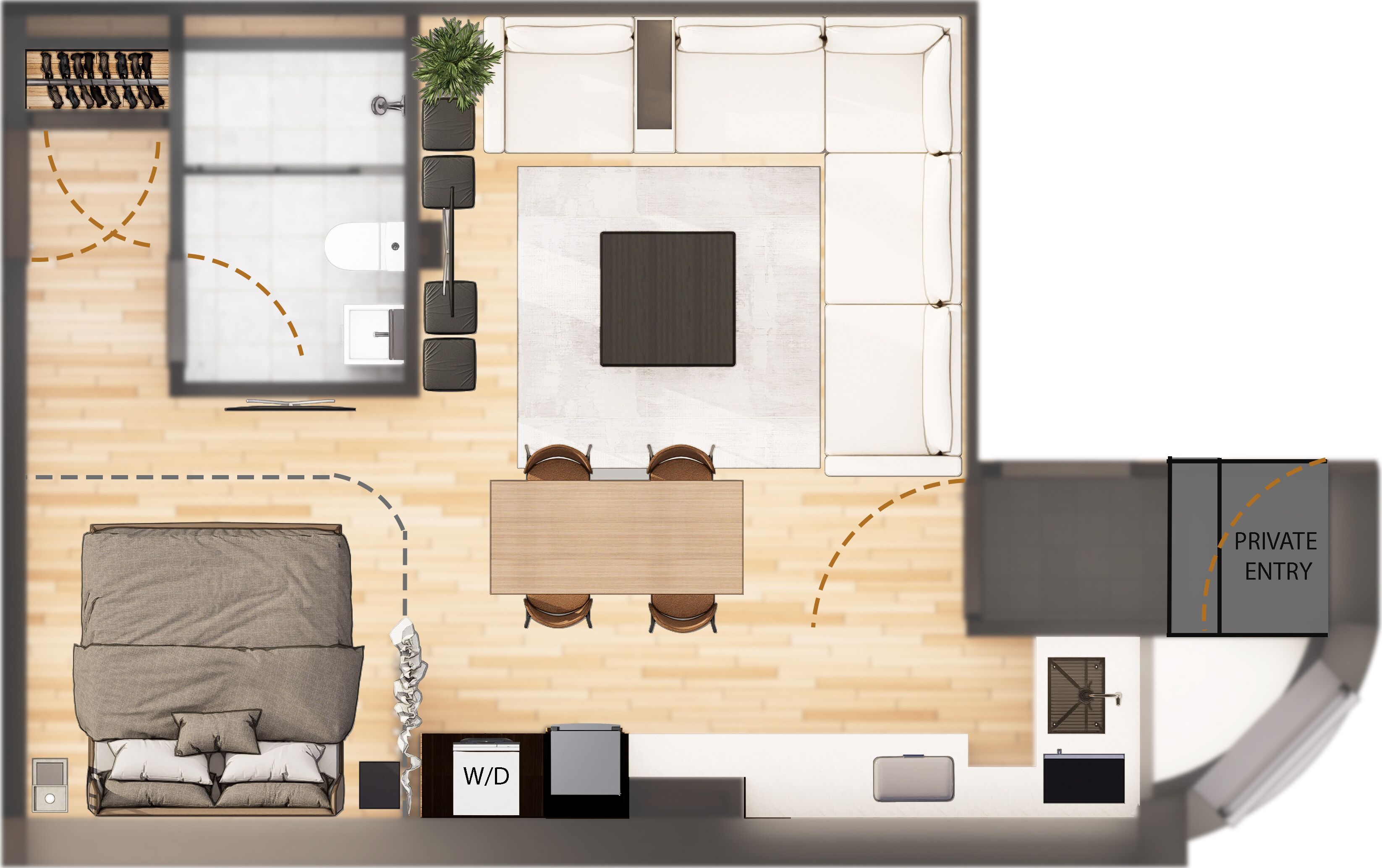 Moderni hotellihuone, jossa on sänky, työpöytä, tuoli, pöytä ja oma sisäänkäyntiovi.