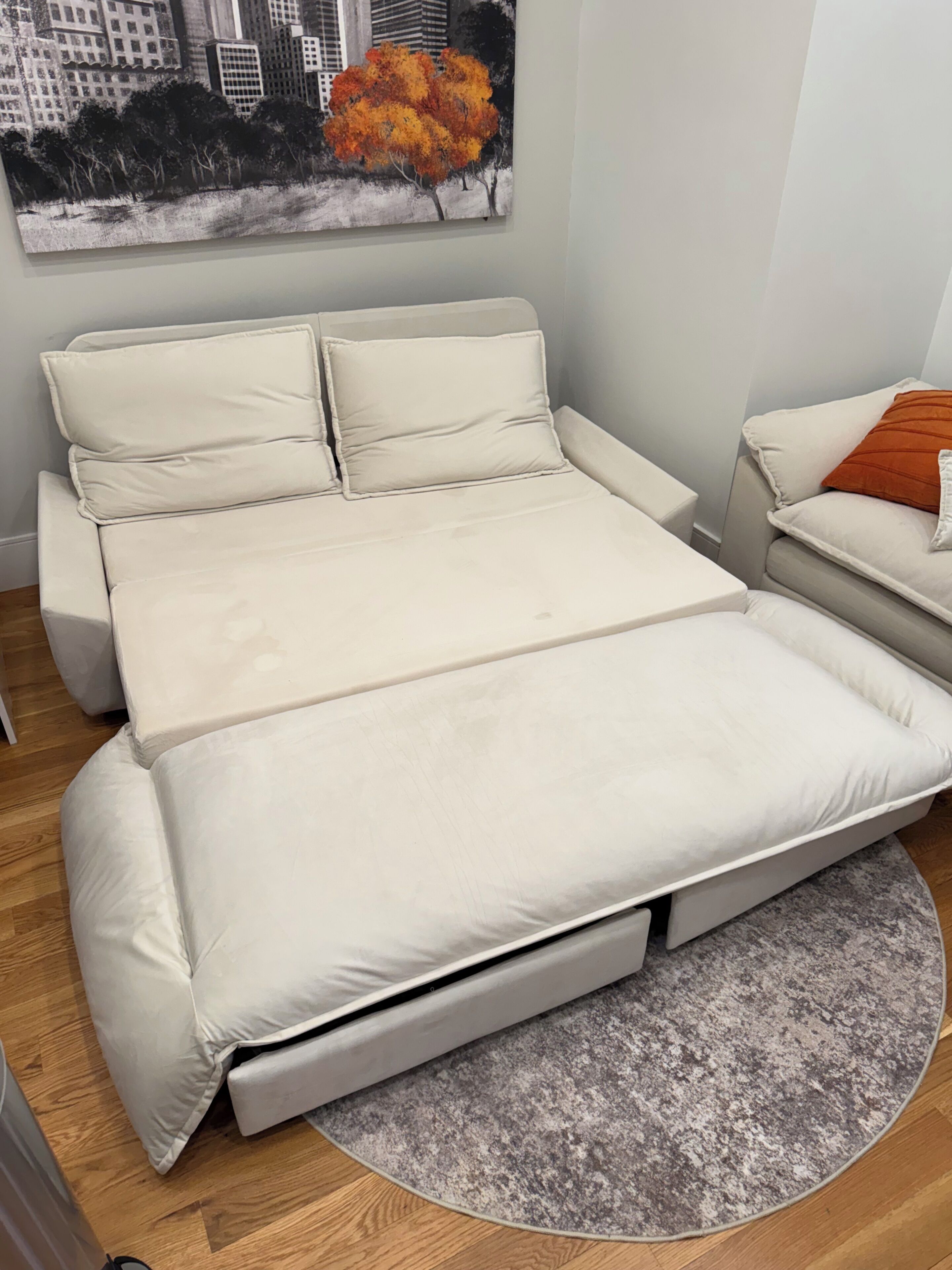 A modern bed with a pull-out section, a gray rug, and a cityscape painting on the wall.