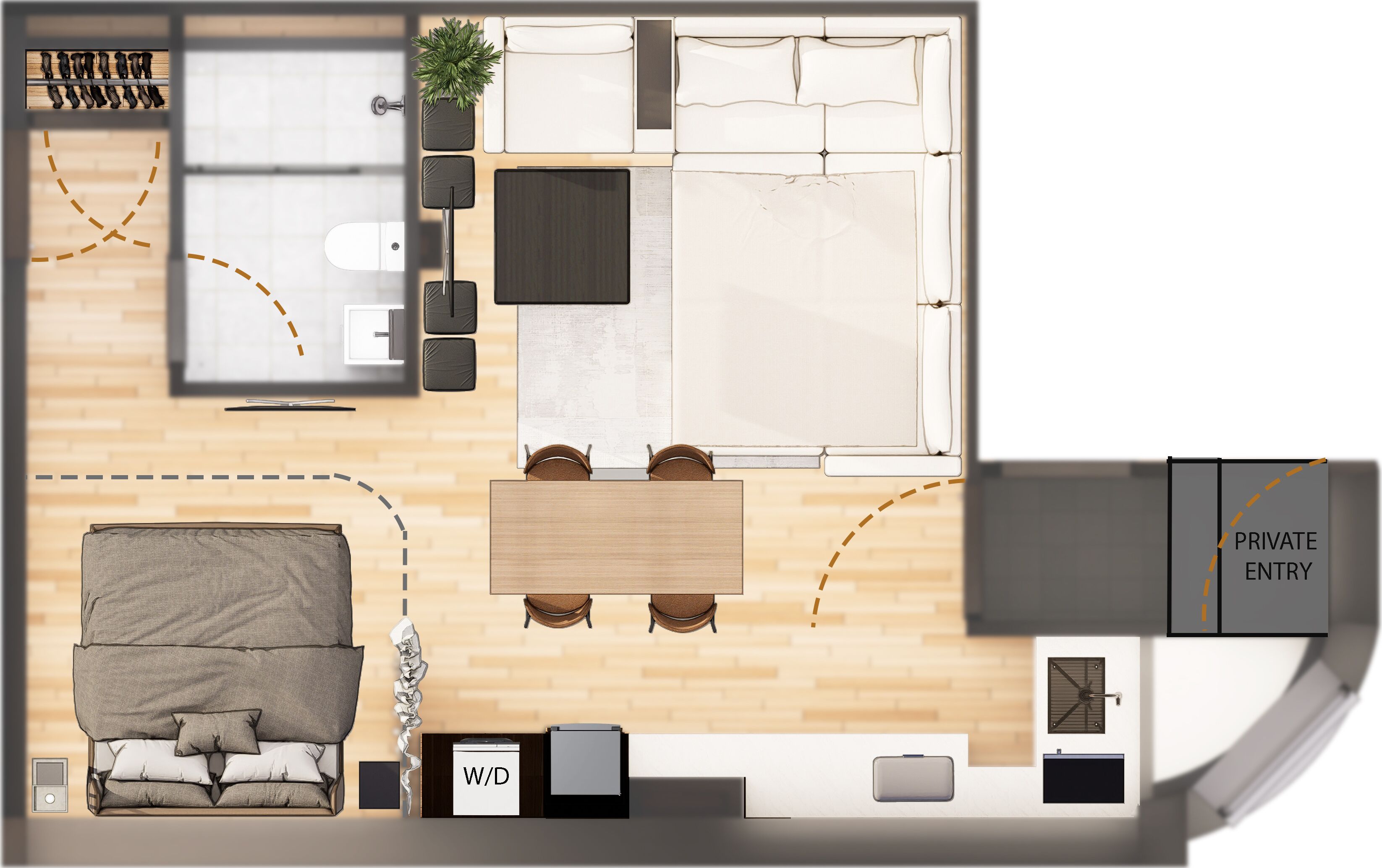 A modern hotel room layout with a bed, sofa, dining table, and a private entry door.