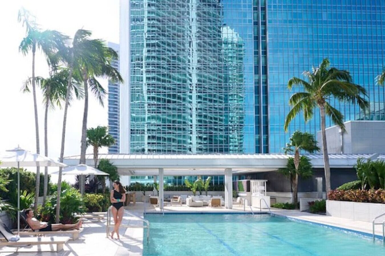 A pool area with lounge chairs, a pool, and palm trees.