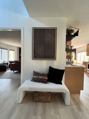 Smart TV, fireplace, books, printers