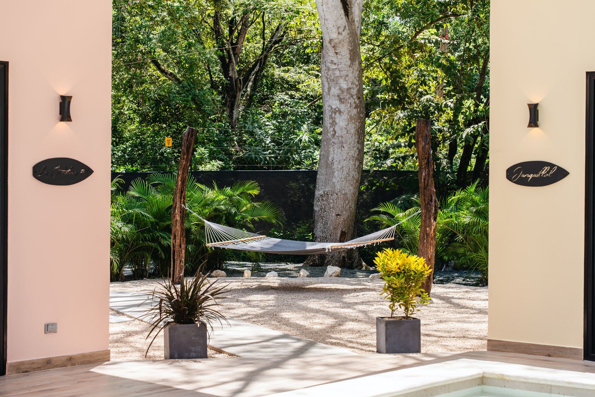 Un sendero conduce a una hamaca y a un área de piscina, rodeado de exuberante follaje y árboles.