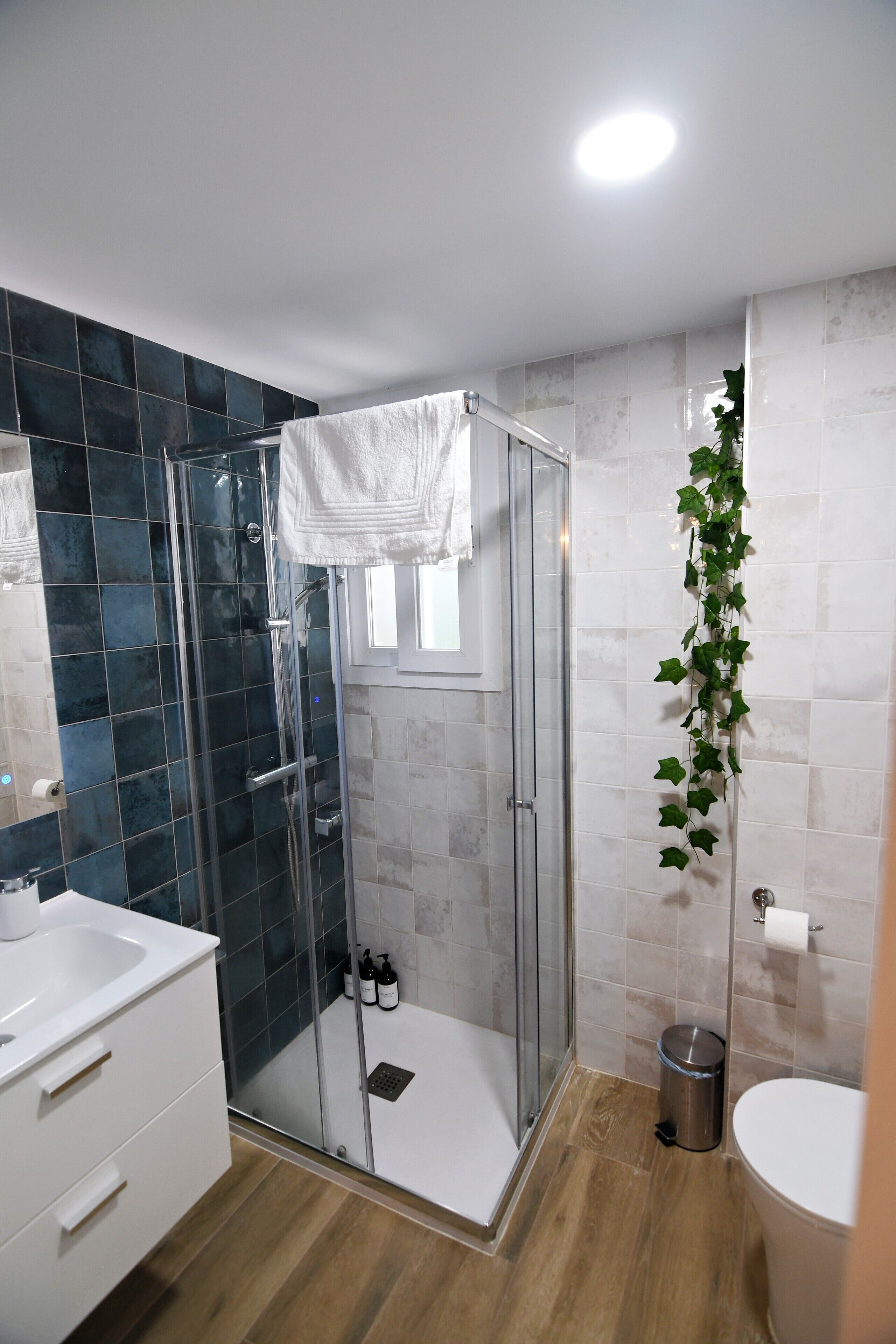 Een douche, een haardroger, handdoeken, zeep