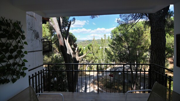 Ein Balkon mit Blick auf eine bewaldete Landschaft und eine Straße.