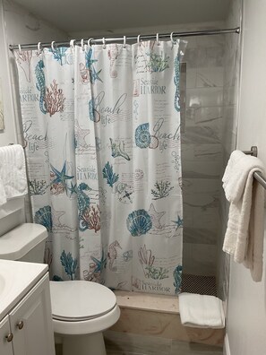 Dusche, Haartrockner, Handtücher, Seife