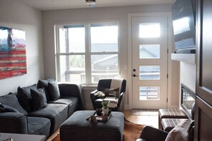 Smart TV, fireplace, books, computer monitors