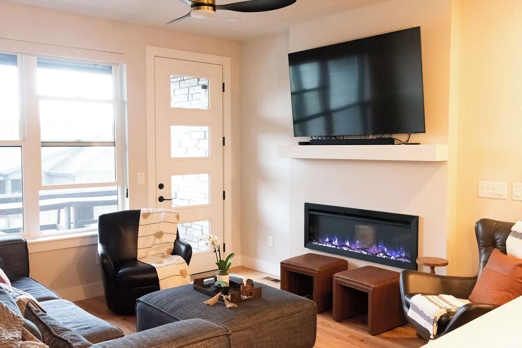 Smart TV, fireplace, books, computer monitors