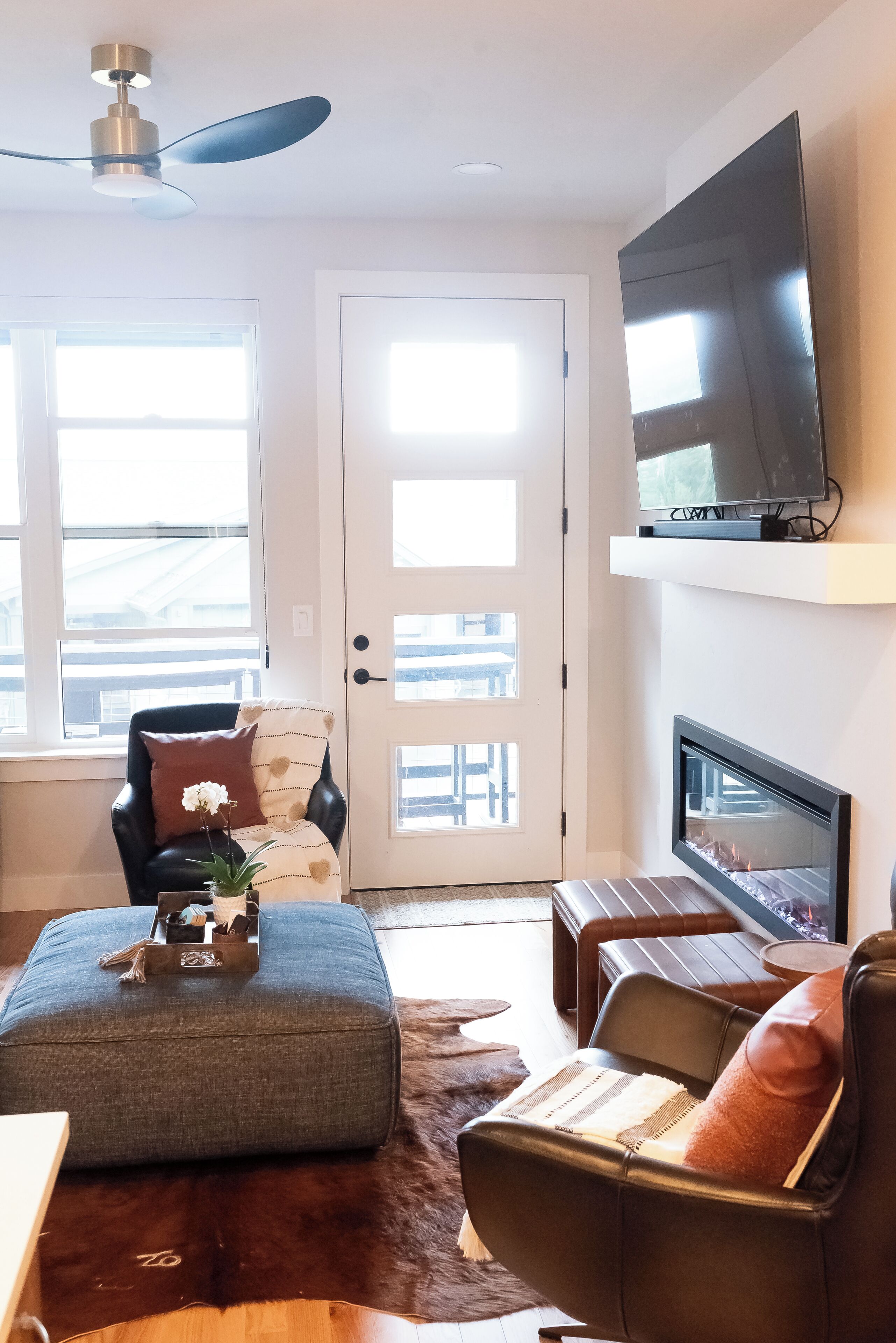 Smart-TV, Kamin, Bücher, Computerbildschirme