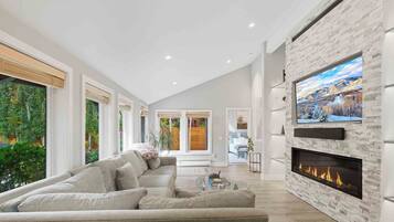 Smart TV, fireplace, books